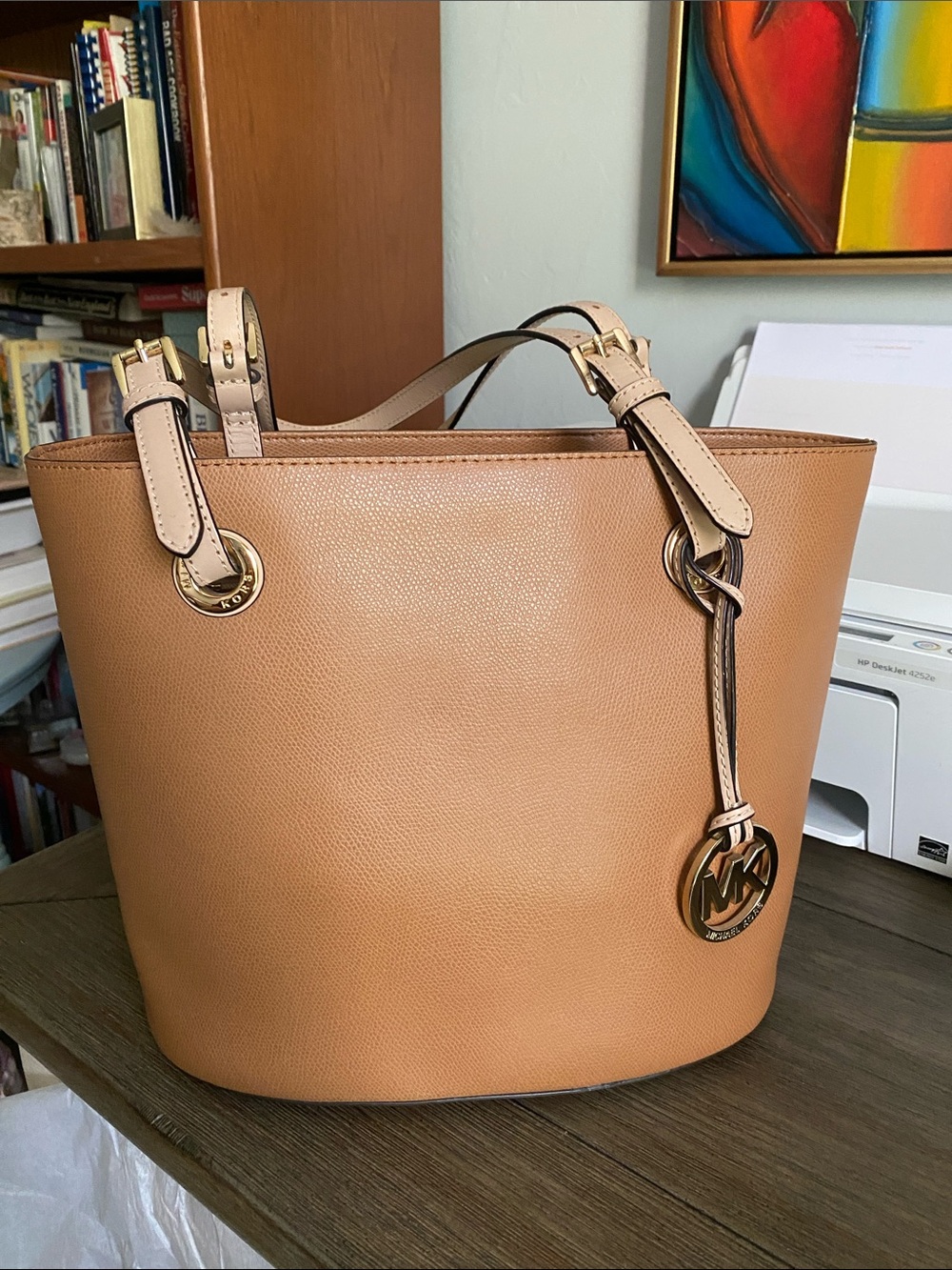 Michael Kors Tan Pebbled Leather Tote with Gold MK Charm